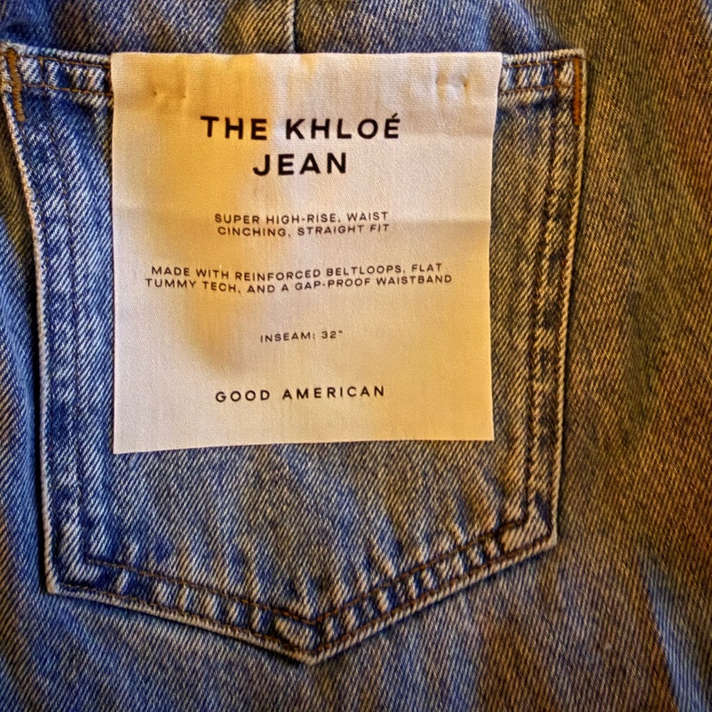 Good American “The Khloe”Distressed Blue and White High Rise Jeans - Picture 5 of 5